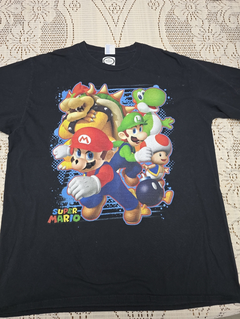 Nintendo Super Mario Black Tee with Multicolor Character Print
